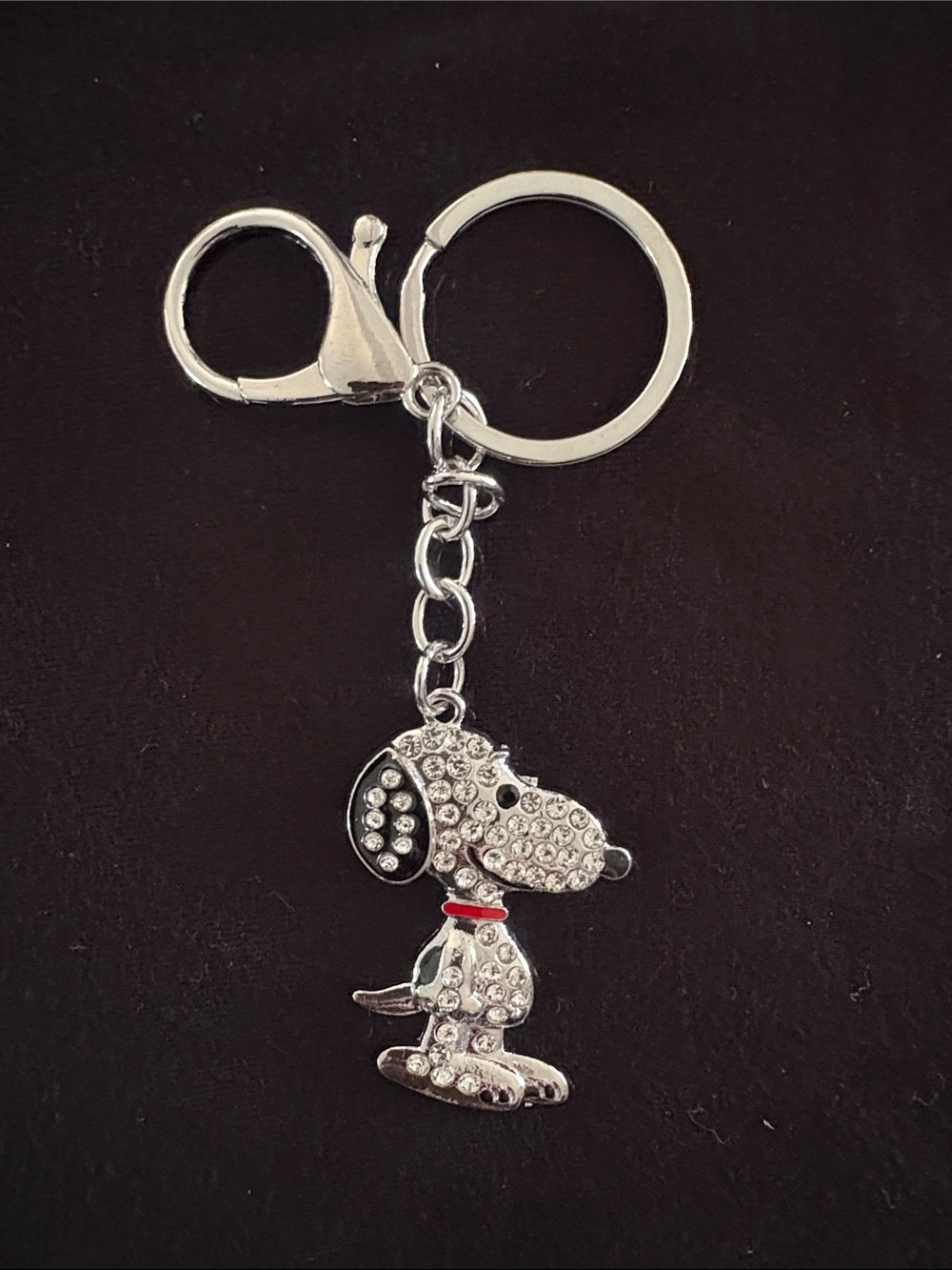 Silver Crystal Snoopy Dog Keychain Bag Charm with Red Collar Accessory